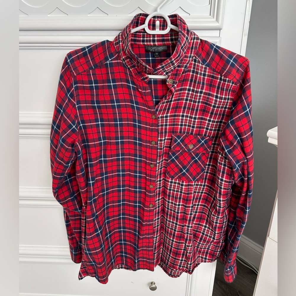 Topshop Oxford Blouse Cotton Size 10 Red Blue White